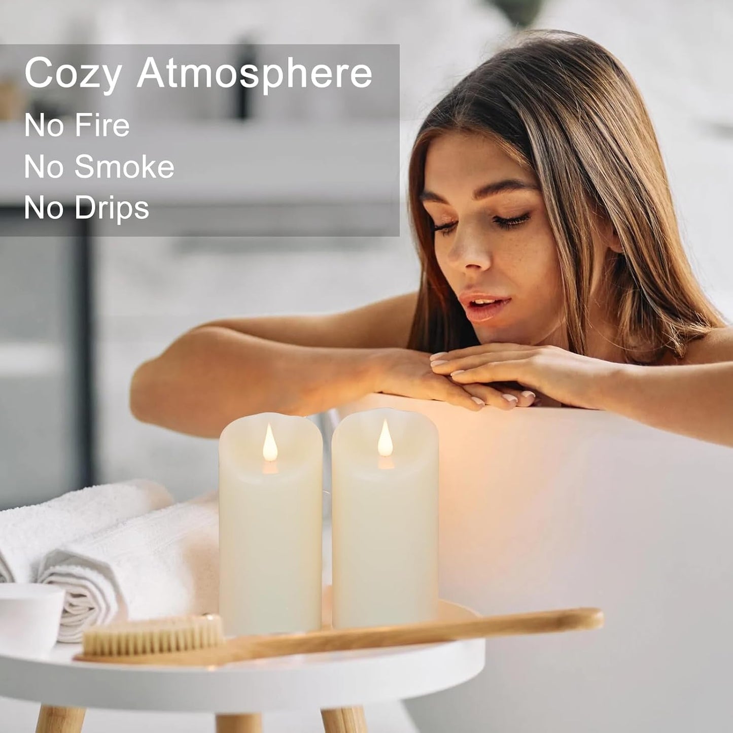 TECHLONG Flameless Candles with Remote Timer, 3D Moving Flickering Flame Battery Operated Candles Lasting 1000+ Hours, 3" x 5" Ivory Real Wax Electric LED Pillar Candles, Set of 2