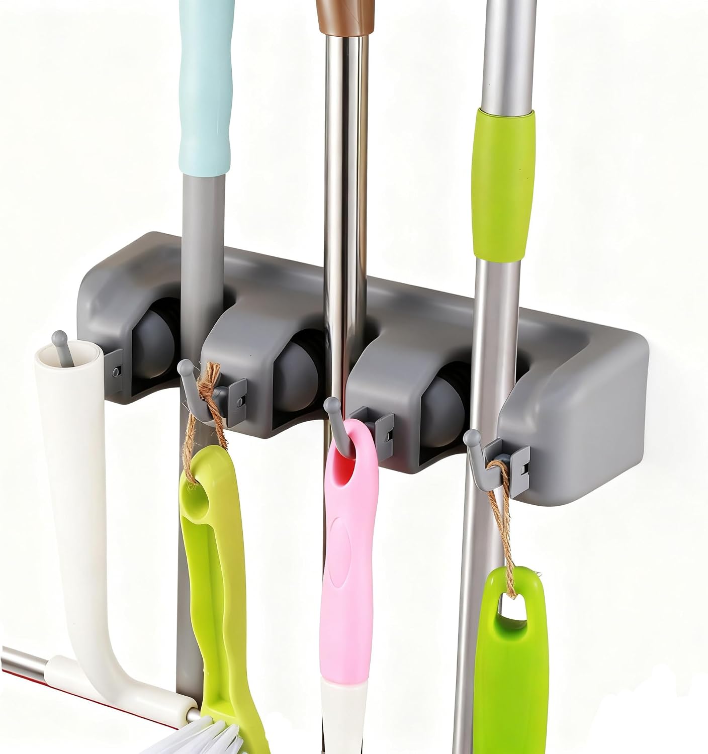 TOGU Mop and Broom Holder Wall Mounted 3 Position Storage Rack with 4 Retractable Hooks Holds up to 7 Tools Utility Weatherproof Holder for Garage Storage Systems Broom Organizer,Gray