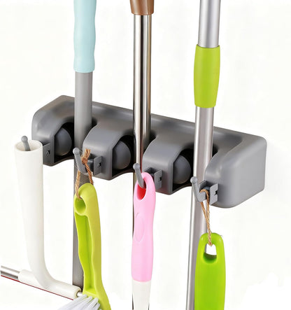TOGU Mop and Broom Holder Wall Mounted 3 Position Storage Rack with 4 Retractable Hooks Holds up to 7 Tools Utility Weatherproof Holder for Garage Storage Systems Broom Organizer,Gray