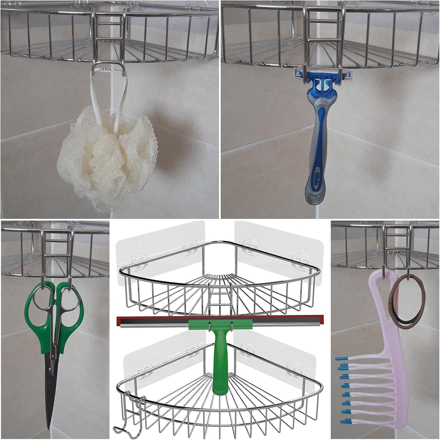 Shower Caddy With Hooks - Razor Holder and Loofah Hanger 2 Pack Silver