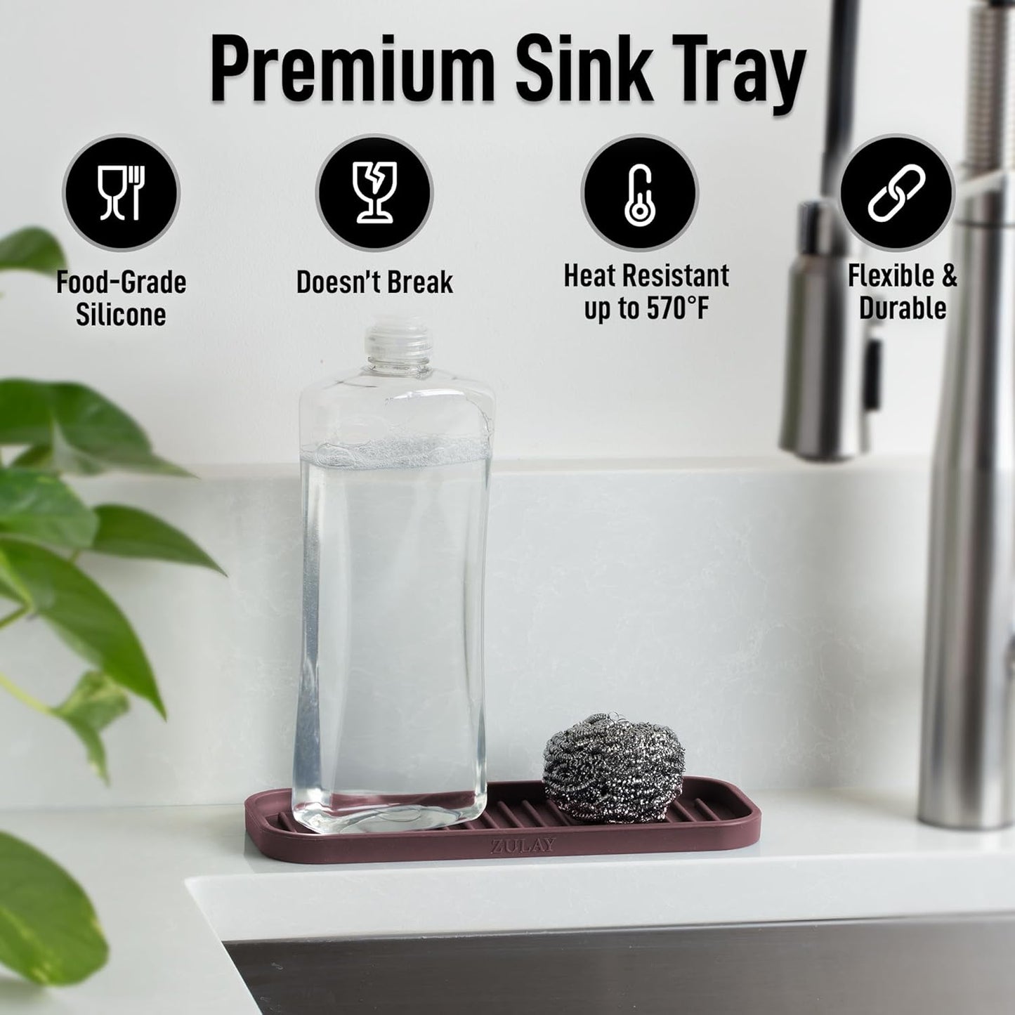 Zulay Kitchen (9x3.5in) Sponge Holder for Kitchen Sink - Flexible Heavy-Duty Multipurpose Sink Caddy - Counter Organizer for Kitchen, Bathroom, Makeup, Trinkets & More! (Grey)