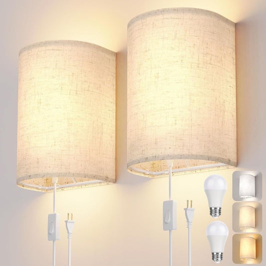 OCATO Battery Operated Wall Sconce: Wireless Wall Sconces Set of Two Magnetic Lamp Rechargeable Lights Dimmable with 16 RGB Colors Fabric Linen Shade with Remote Walls Decor for Bedroom Living Room