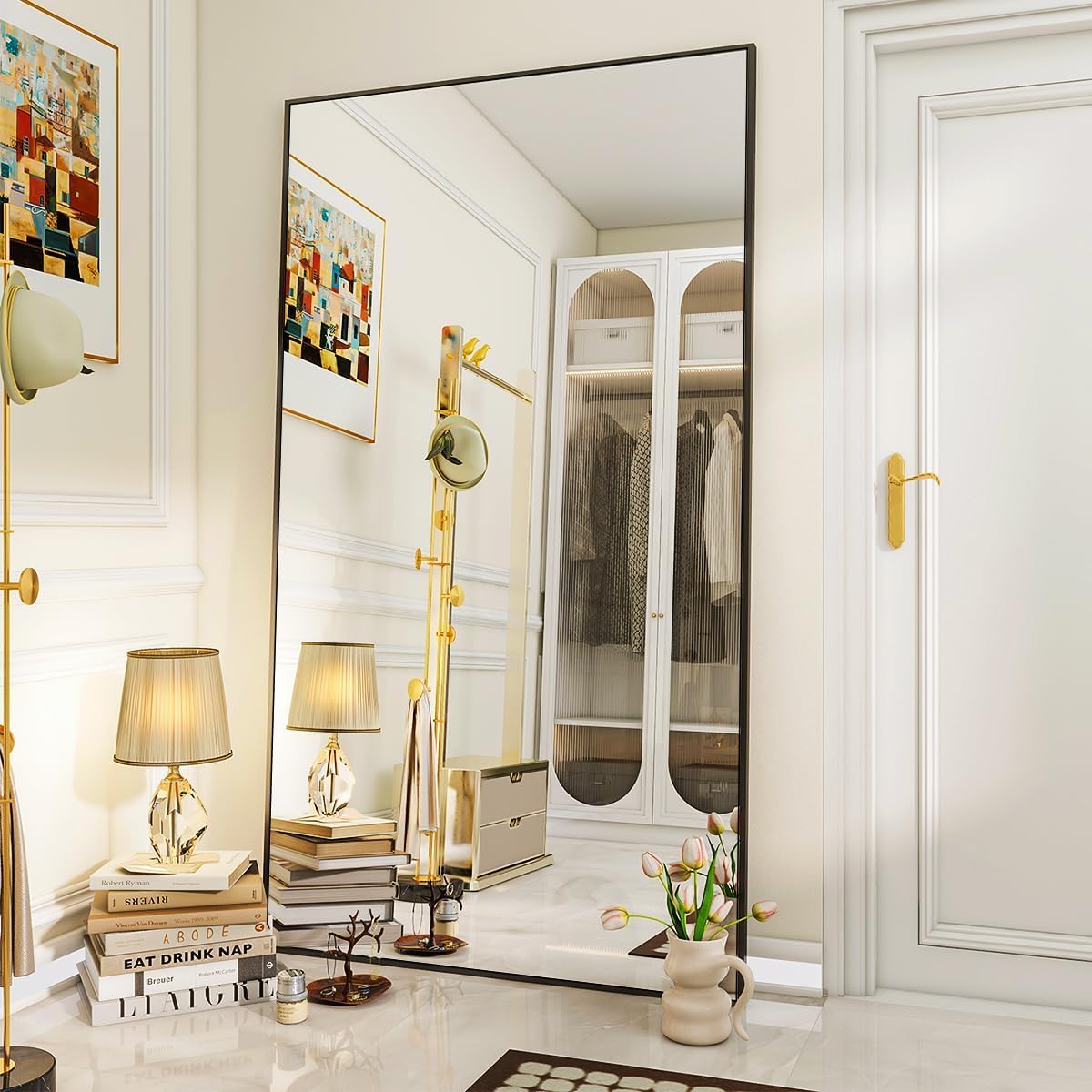 VooBang Mirror Full Length - 21" x 57" Floor Mirror with Stand, Aluminum Alloy Frame Full Body Mirror, Standing Hanging or Leaning Against Wall for Bedroom and Living Room, Black