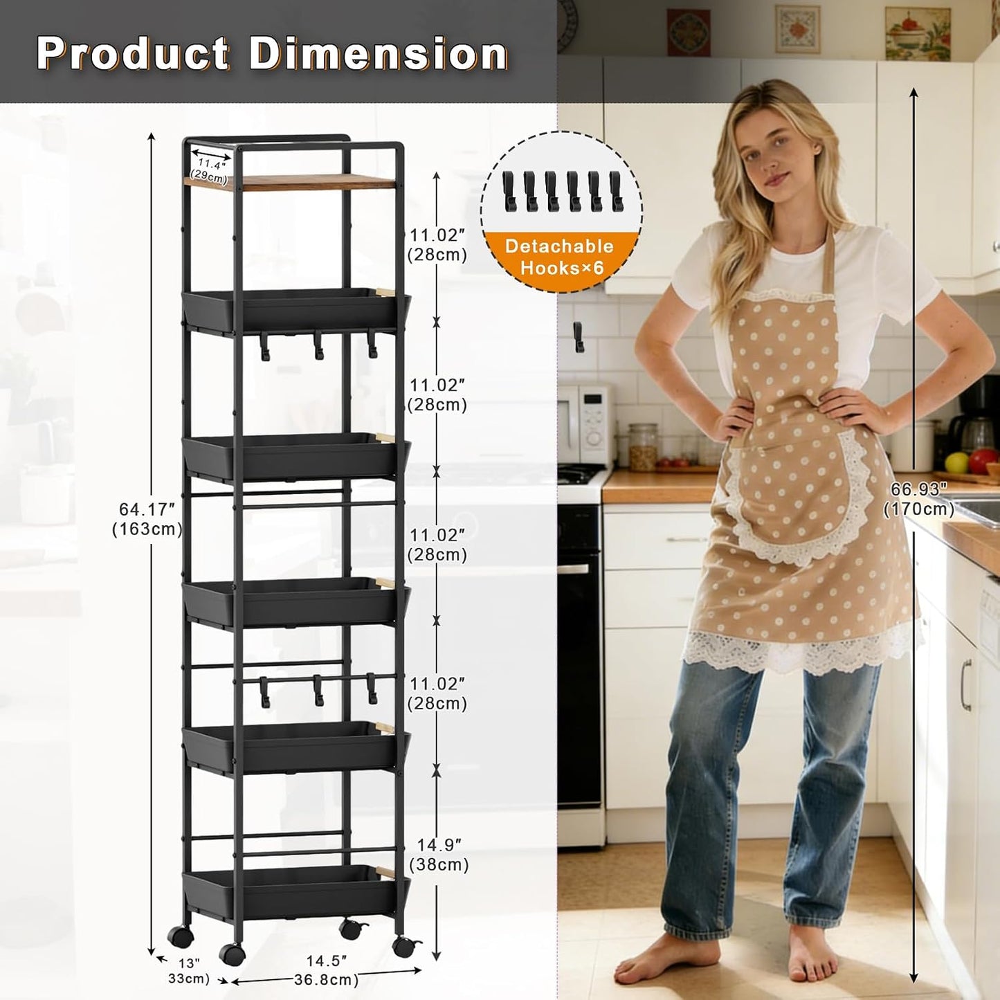 6 Tier Slim Storage Cart with Pull-Out Baskets Rolling Cart with Wheels Wood Top Narrow Utility Cart Metal Shelving Units for Pantry Laundry Room Bathroom Kitchen White 8in(W)