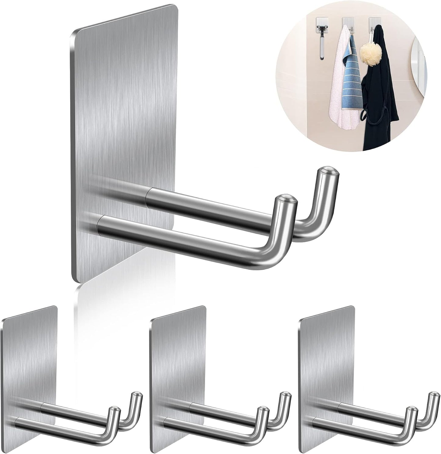 Adhesive Hooks Heavy Duty, Long Stainless Steel Self Adhesive Wall Hook, Sticky Towel Hangers for Kitchen Bathroom, Waterproof Stick on Door Hooks for Hanging Key Hat Coat 4Pack(Black)