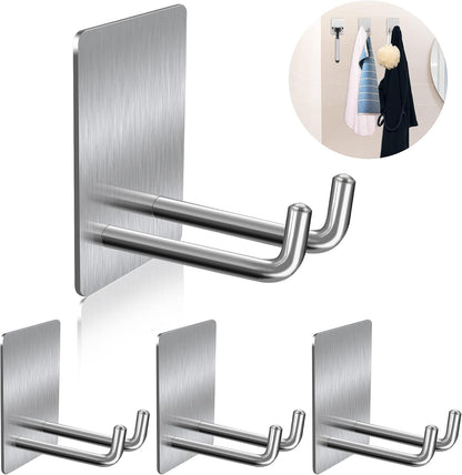 Adhesive Hooks Heavy Duty, Long Stainless Steel Self Adhesive Wall Hook, Sticky Towel Hangers for Kitchen Bathroom, Waterproof Stick on Door Hooks for Hanging Key Hat Coat 4Pack(Black)