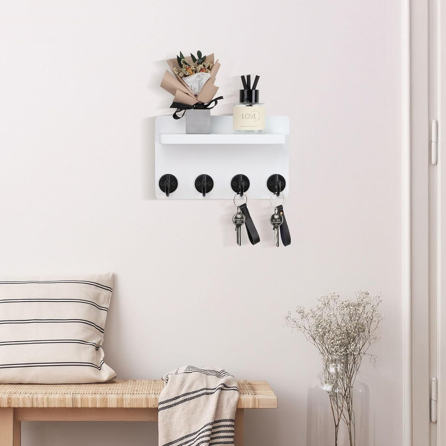Nekon Key Holder Wall Mount, 8.5 Inch Small Home Decor Wooden Wall Organizer with 4 Hooks and Shelf, Wall Decor for Living Room Entryway Kitchen (Brown)