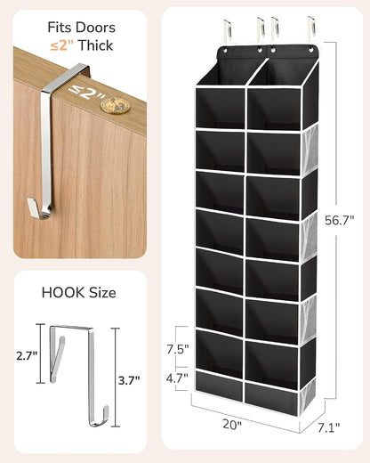 ULG Over The Door Shoe Organizer for Closet Fit 24-32 Pairs with Large Deep Pockets, Narrow Shoe Rack for Door Hanging Boots Storage, Black