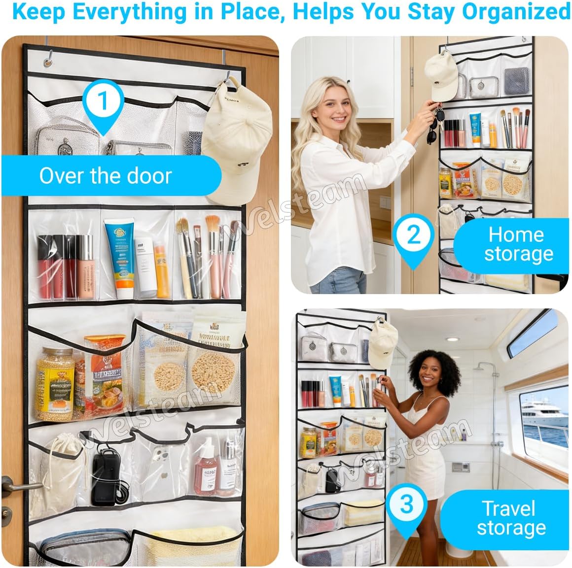 Cruise Ship Magnetic Door Organizer, Over The Door Organizer For Cruise Ships, Magnetic Shoe Rack with 2 Strong Anti-Scratch Magnets & Durable Pockets To Store Cruise Essentials (White)