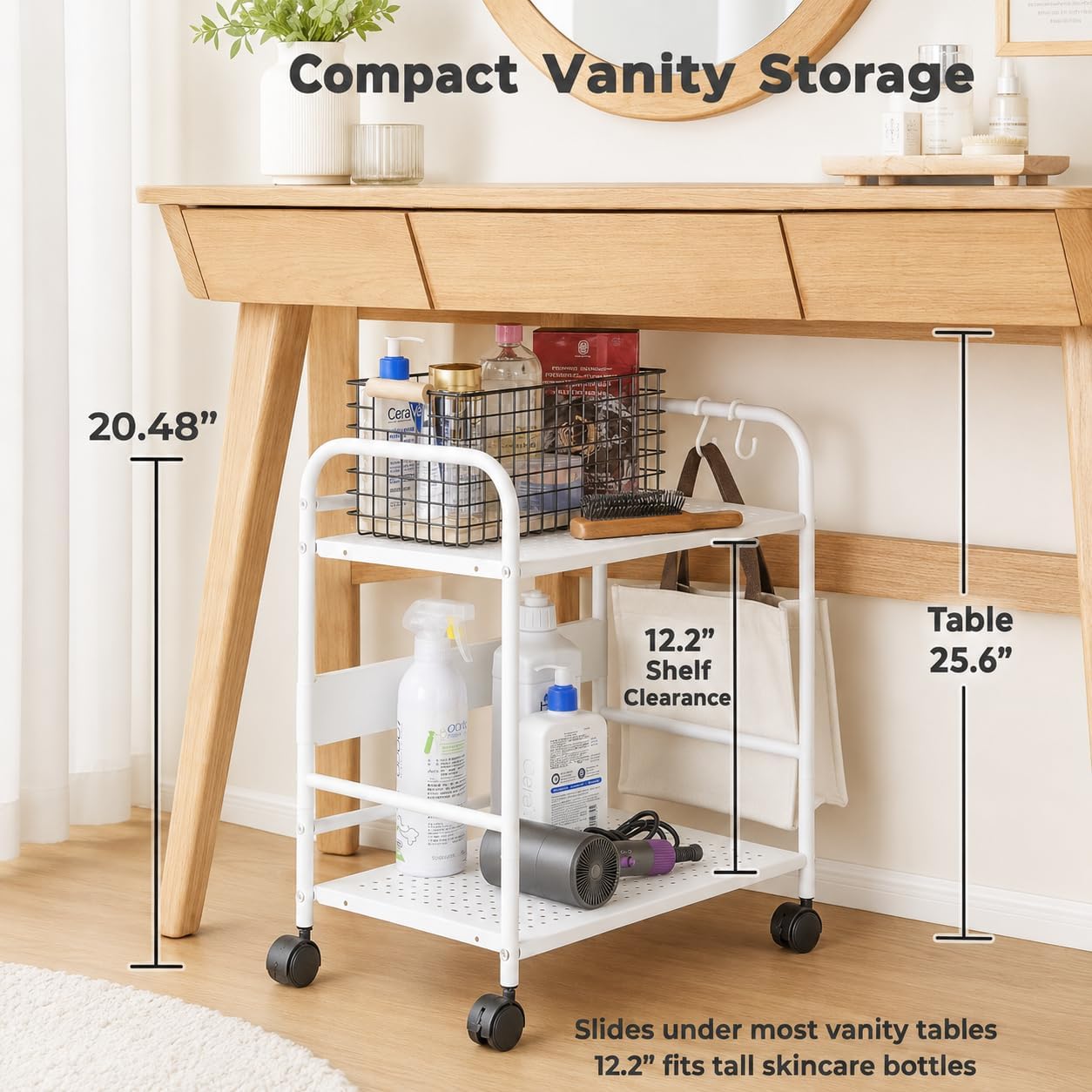 2-Tier Metal Rolling Cart, Compact Under Desk Storage Organizer | 12.2" clearance fits binders & tall bottles; anti-drop safety guard; small space mobile shelf for home, bedroom & office.