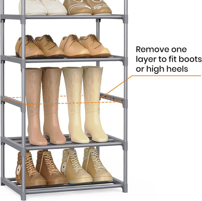 Narrow Shoe Rack 10 Tiers Tall Shoe Rack for Entryway Closet 20 24 Pairs Shoe & Boots Organizer Storage Shelf Durable Black Metal Stackable Shoe Cabinet with Hooks, 17.1D x 11.8W x 78.7H in