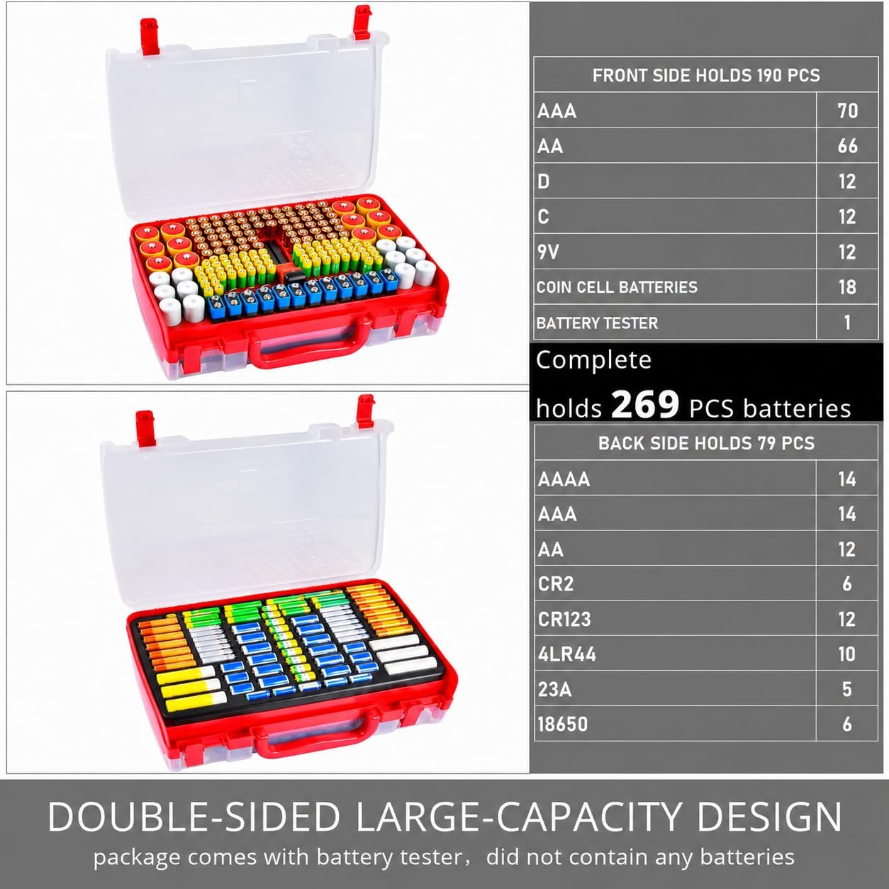 Battery Organizer Storage Case with Tester for 269 Batteries, Double Sides | Plastic, For AA AAA 4A C D Cell 9V 3V LR44 CR2 CR123 CR1632 18650 Button, Wall/Drawer, For Families/DIY/Home/Garage, Grey