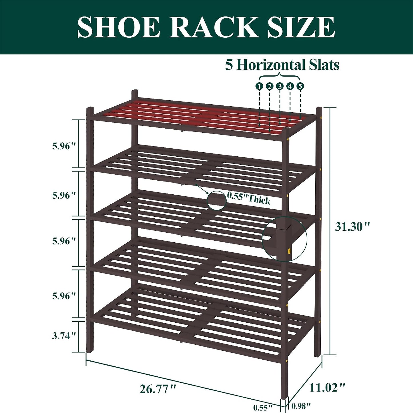 Smiry Bamboo Shoe Rack, 3 Tier Free Standing Wooden Shoe Organizer, Stackable Wood Shoe Storage Shelf for Closet, Entryway, 5 Horizontal Slats, 26.8"x11"x18.3", Natural