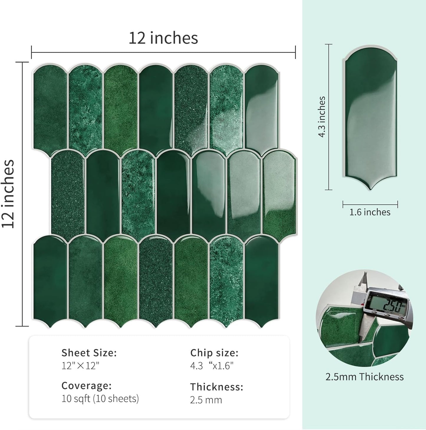10-Sheet Upgraded Thicker Peel and Stick Kitchen Backsplash Tiles | Waterproof Self-Adhesive Vinyl Wall Tile Stick on Backsplash for Kitchen,Bathroom,Fireplace and RV(Sage Green,12"×12")