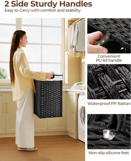 Greenstell Laundry Hamper with 2 Removable Liner Bags, Foldable Divided Clothes Hamper, 90L Handwoven Rattan Laundry Basket with Lid and Handles, No Assembly Needed, 18.3x13.3x24 Inches, Black