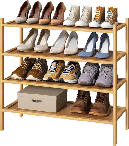 kiplant Small Shoe Rack, 4-Tier Bamboo Wood Shoe Rack for Entryway, Stackable Shoe Organizer for Hallway Closet, Free Standing Shoe Racks for Indoor & Outdoor