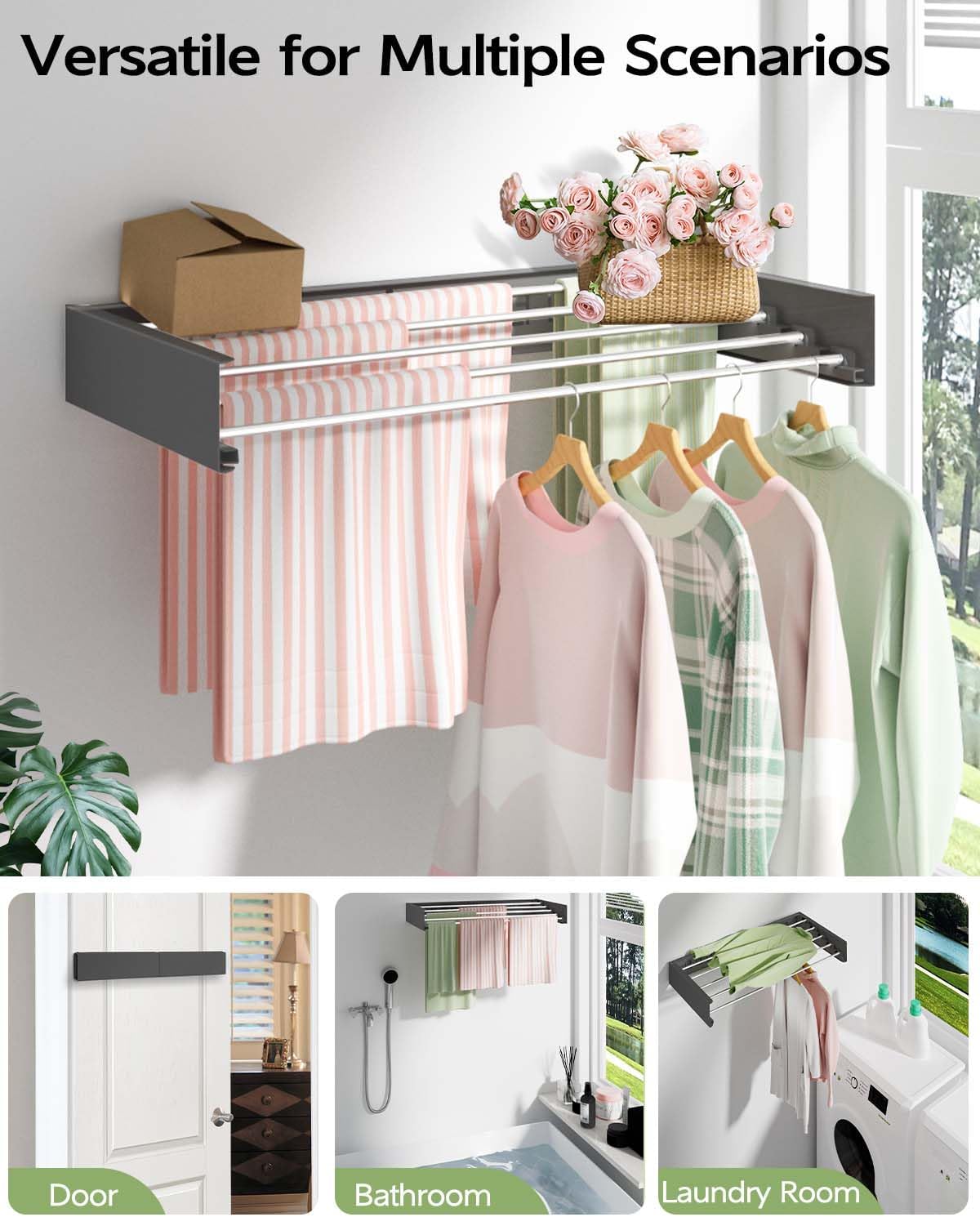 Vikaqi Wall Mounted Clothes Drying Rack 32", Foldable Wall Mount Laundry Rack Folding Indoor, Drying Rack Clothing Collapsible, Hidden Space Saver with Wall Template, 5 Rods, White