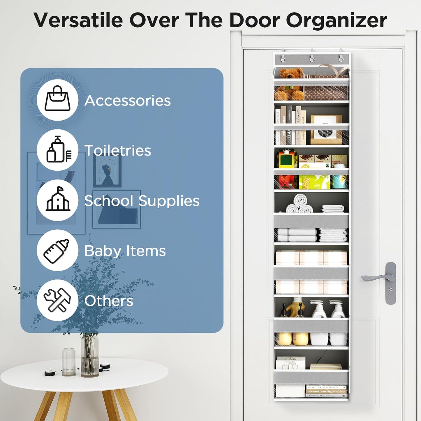 6 Tiers Over The Door Organizer, Heavy Duty Hanging Organizer Storage with Large Capacity Pockets, Behind Door Storage Hanging Shelves for Closet Wall Bathroom Bedroom Nursery Pantry, 1 Pack Grey