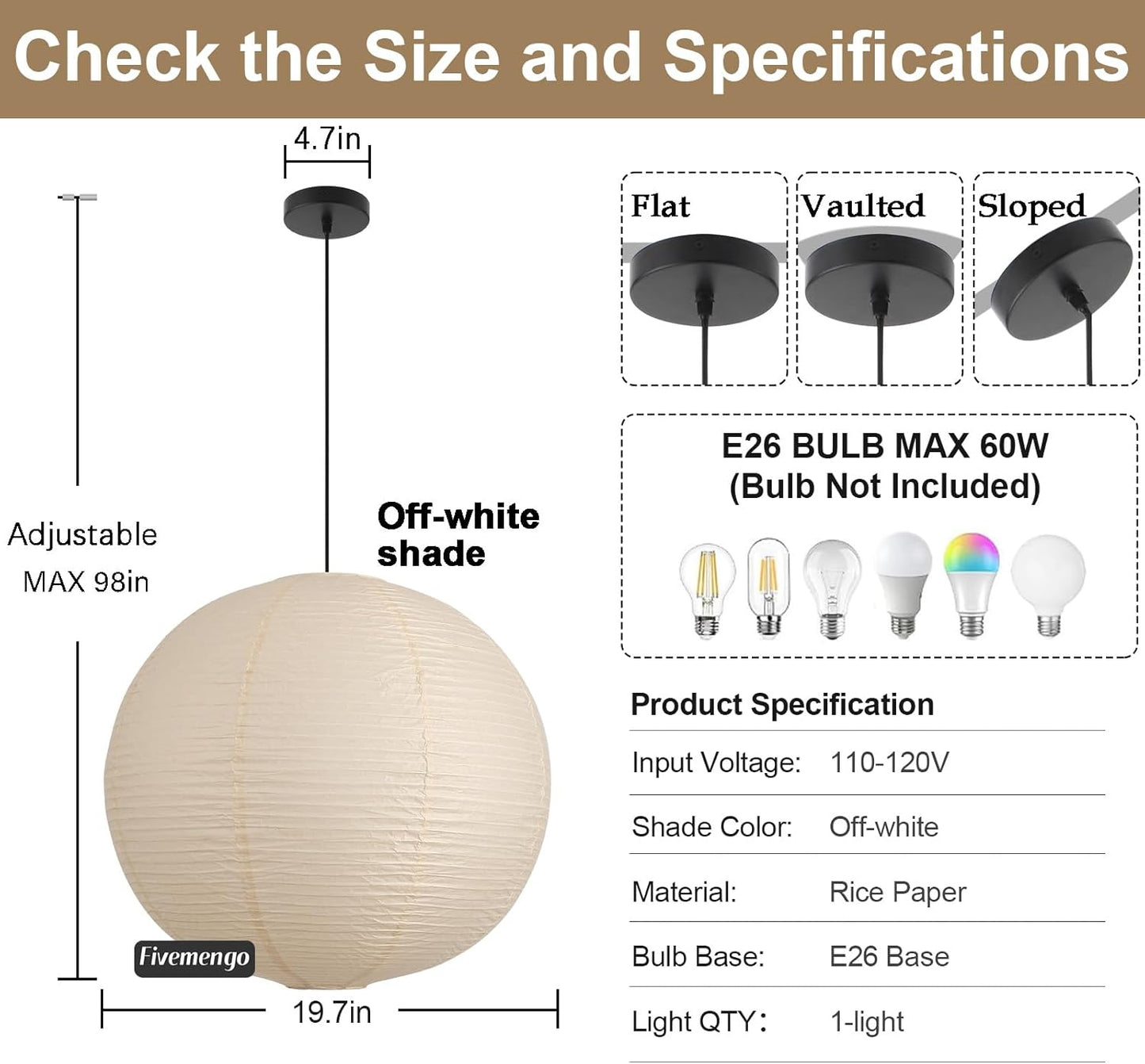 Large Rice Paper Pendant Light Kit, 20in White Globe Paper Lantern Lights, E26 Base, Japanese Hanging Lantern Lamp Japandi Chandelier for Dining Room Bedroom Office Living Room