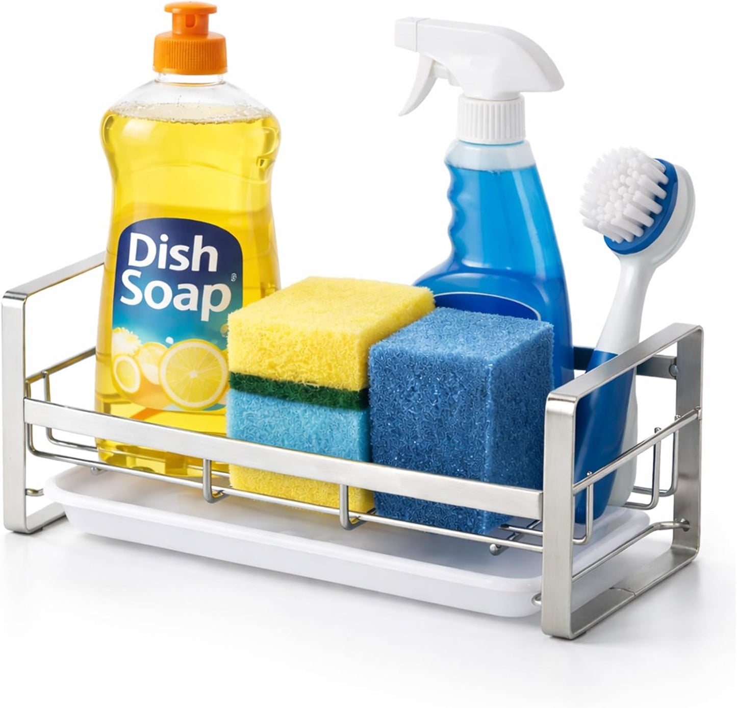 HULISEN Kitchen Sink Sponge Holder, 304 Stainless Steel Kitchen Soap Dispenser Caddy Organizer, Countertop Soap Dish Rack Drainer with Removable Drain Tray, not Including Dispenser and Brush