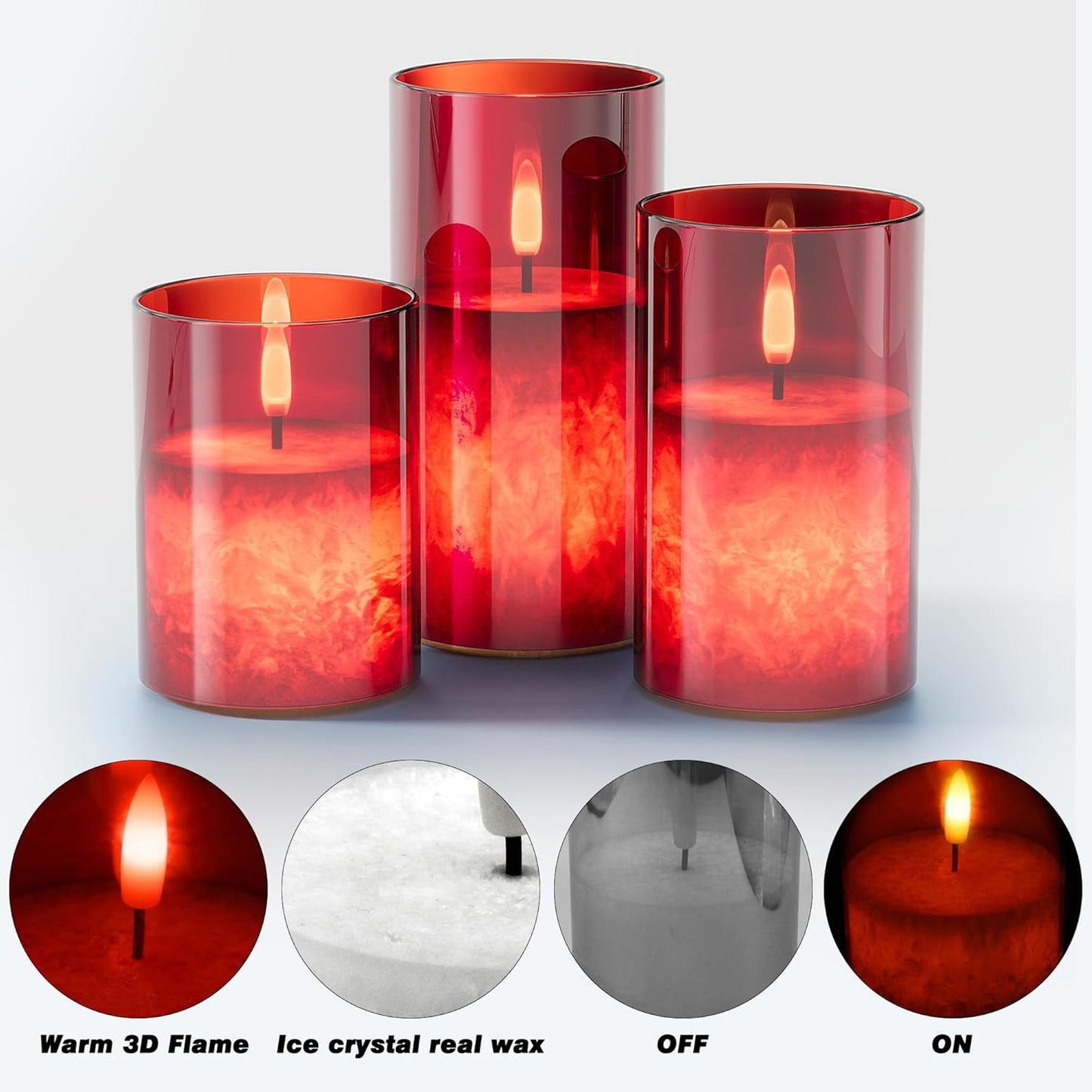 VIODAIM Ice Crystal Real Wax Glass Flameless Candles with Remote & Timer, Battery Operated Candles with Warm Flickering Flame, Realistic LED Candle for Wedding Home Decor [D3×H4/5"/6"] Gold, 3Pack