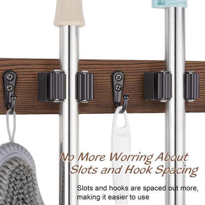 OUTNILI Mop and Broom Holder Wall Mount - Wood Broom Mop Hanger - Wall Mounted Garden Tool Rack Organizer for Closet Garage Laundry Room for Rustic Kitchen Decor With 5 Slots & 4 Hooks