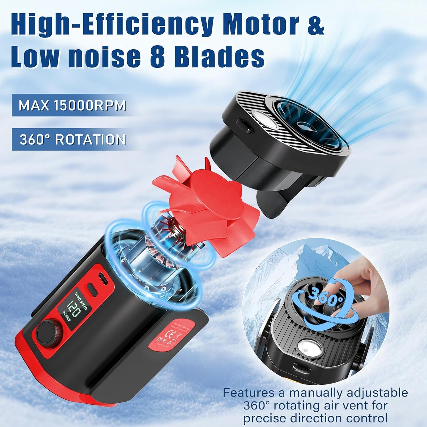 Portable Fan,120-Speed Adjustable Waist Clip Fan Turbo Cooling, Rechargeable Clip-On Personal Fan with LED flashlight,for Outdoor,Travel,Camping