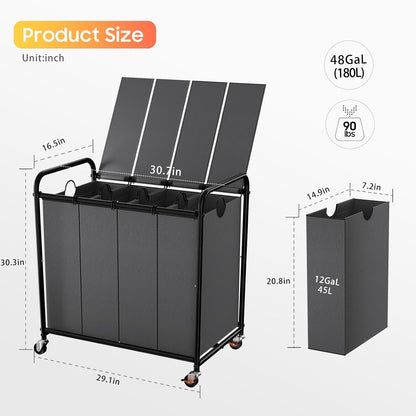 180L (47.55 Gal) Laundry Sorter 3 Section, Rolling Laundry Basket with Lockable Wheels and Lid, Laundry Hamper with 3 Separated Removable Bags Dirty Clothes Hamper for Laundry Room Organizer, Black