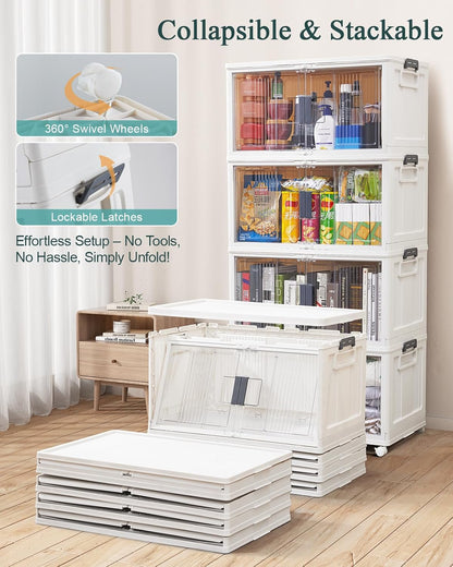 OlarHike 144QT Lockable Storage Bins with Lids - Folding Cabinet with Doors & Wheels, Collapsible Plastic Drawers for Dorm, Closets, Office, Game Day, College, Stackable Organizer, Gifts, 3 Pack
