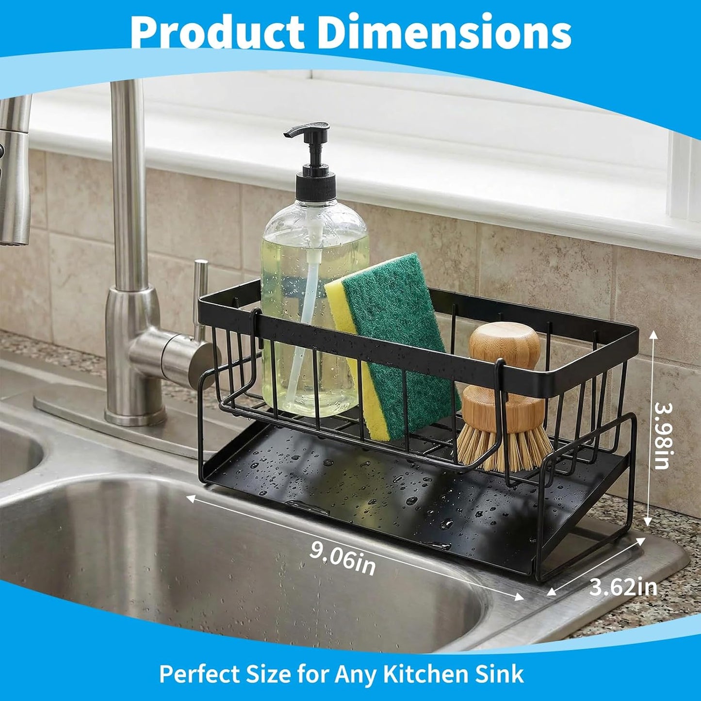 Dish Soap Holder - Kitchen Sink Caddy Organizer, Kitchen Countertop Organizer, with Stainless Steel Self Drain Tray, Rust-Free, for Sponge, Dish Soap Dispenser and Brush Storage Accessories, Black