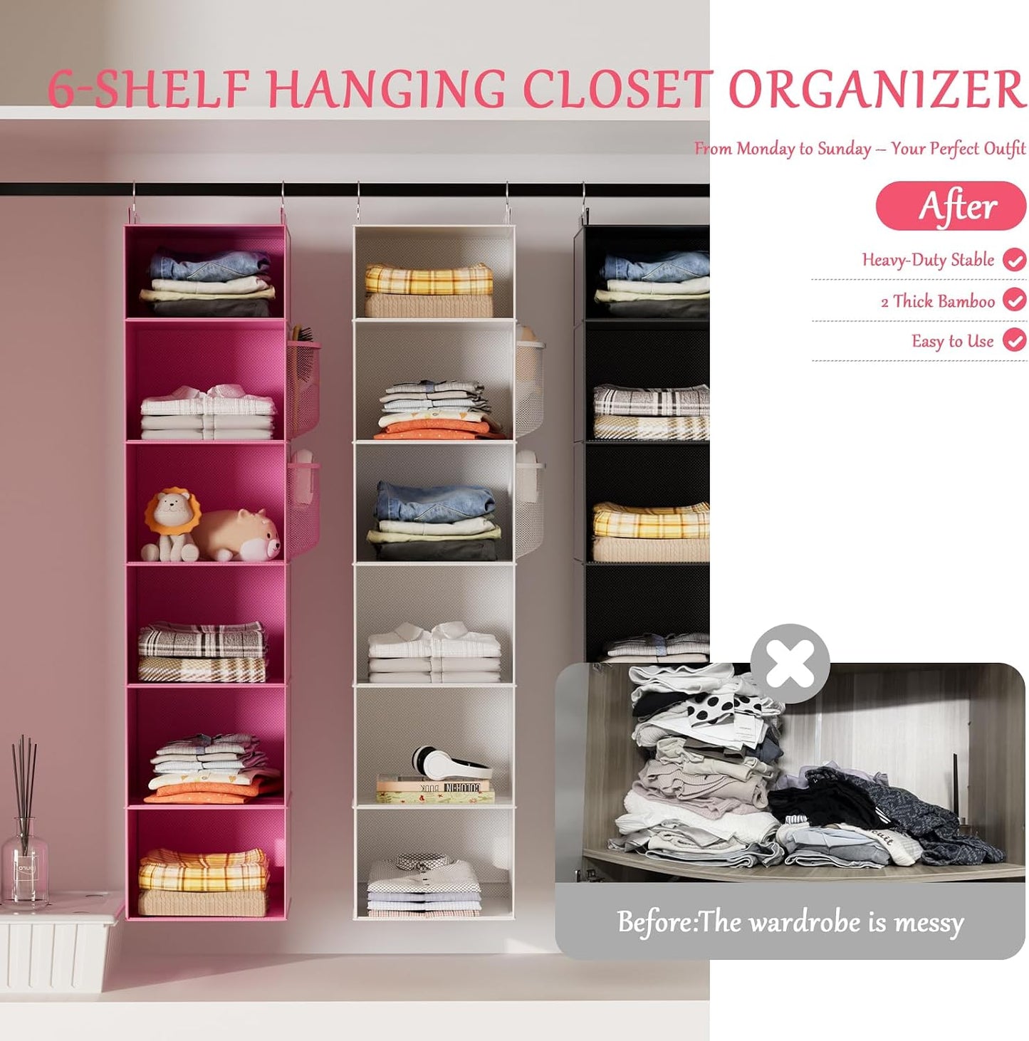 Weekly Hanging Closet Organizer for Kids, 6-Shelf Clothes Storage with Labeled Days of The Week Monday Through Friday, Weekday and Weekend, Days of The Week Clothes Organizer