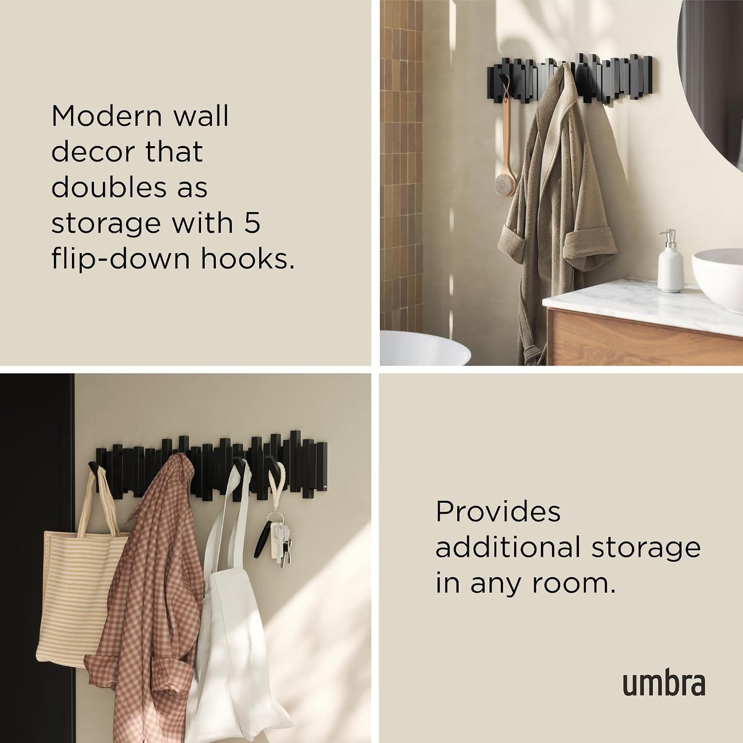 Umbra Sticks Wall-Mounted Coat Rack Rail Hook with 5 Retractable Pegs – Modern, Space-Saving Storage Organizer, Black