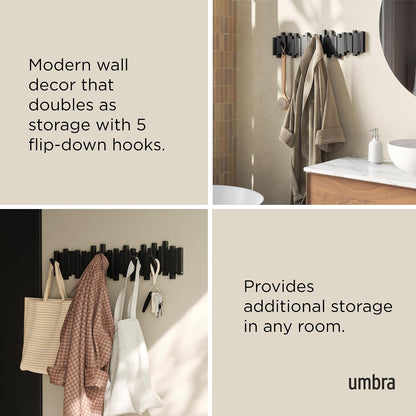 Umbra Sticks Wall-Mounted Coat Rack Rail Hook with 5 Retractable Pegs – Modern, Space-Saving Storage Organizer, Black
