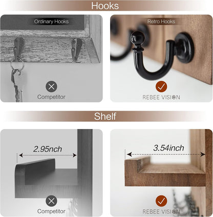 Rebee Vision Decorative Key Holder Wall Mount - Rustic Key Holder for Wall with Shelf and Mail Organizer for Living Room Decor - Home Essentials for Home Improvement (Brown, 3.54" x 10" x 7.28")