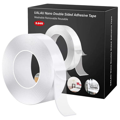 Double Sided Adhesive Tape Heavy Duty (9.85ft), Nano Washable Removable Gel Grip Tape, Clear Sticky Tape for Wall, Fix Carpet Photo Frame