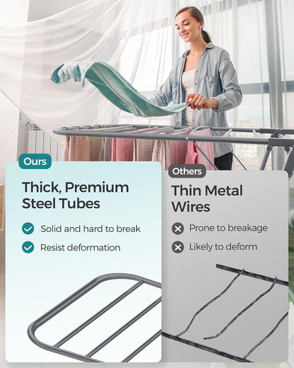 SONGMICS Clothes Drying Rack, Foldable 2-Level Laundry Drying Rack, Free-Standing Laundry Airer, with Height-Adjustable Wings, 33 Drying Rails, Sock Clips, Silver and Blue ULLR53BUV1