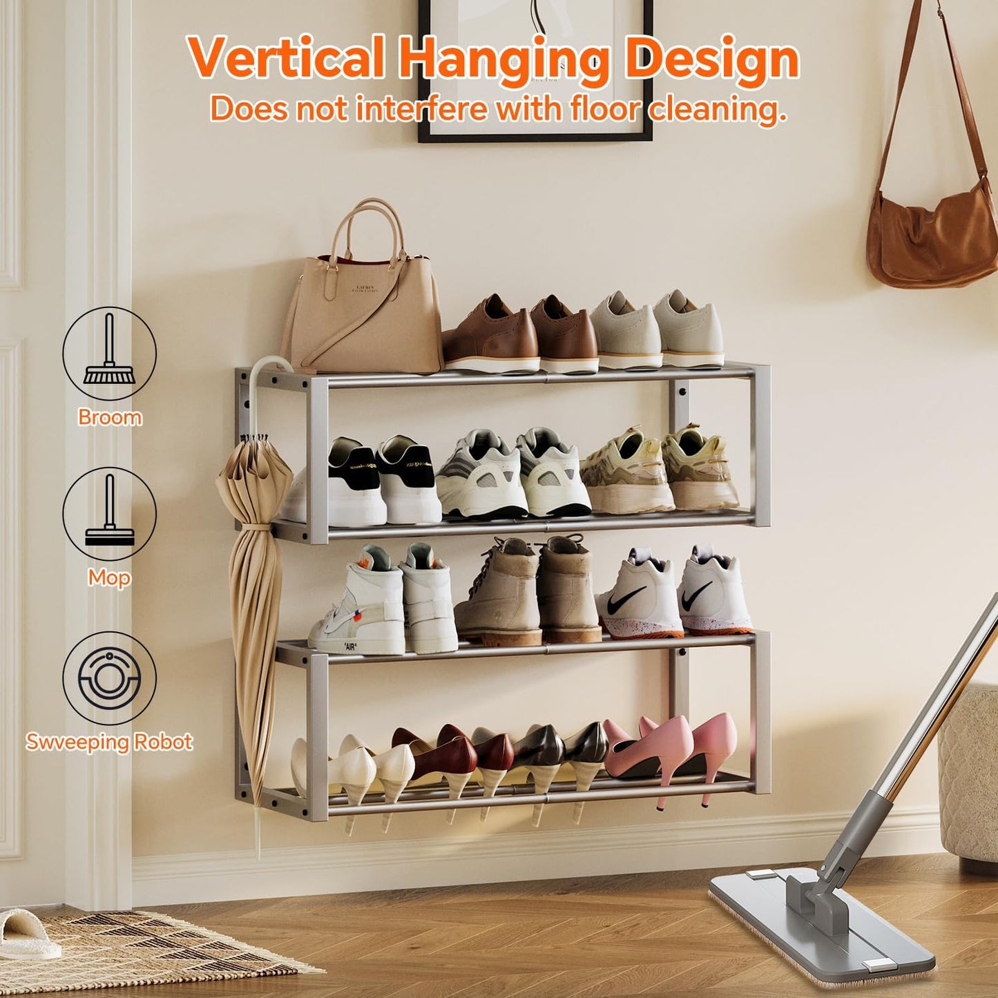 Homeiju Hanging Shoe Organizer,2 Pack Wall Mounted Shoe Rack Holds 12 Pairs,Space Saving Metal Wall Shoe Rack,Hanging Shoe Rack Shoe Holder for Small Space,Entryway,Closet,RV,Camper（Black