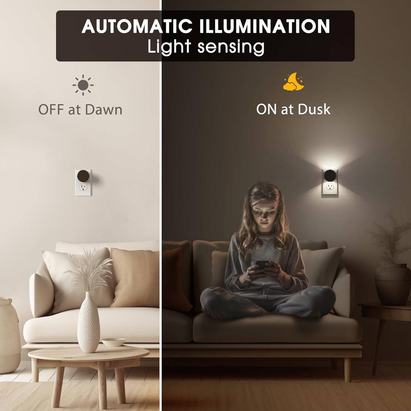 Briignite Night Lights Plug into Wall [2 Pack], White Night Light Dusk to Dawn Sensor Nightlight, Brightness Adjustable 3000K Soft White, Plug in Night Light for Bedroom, Hallway, Stairs, Kitchen