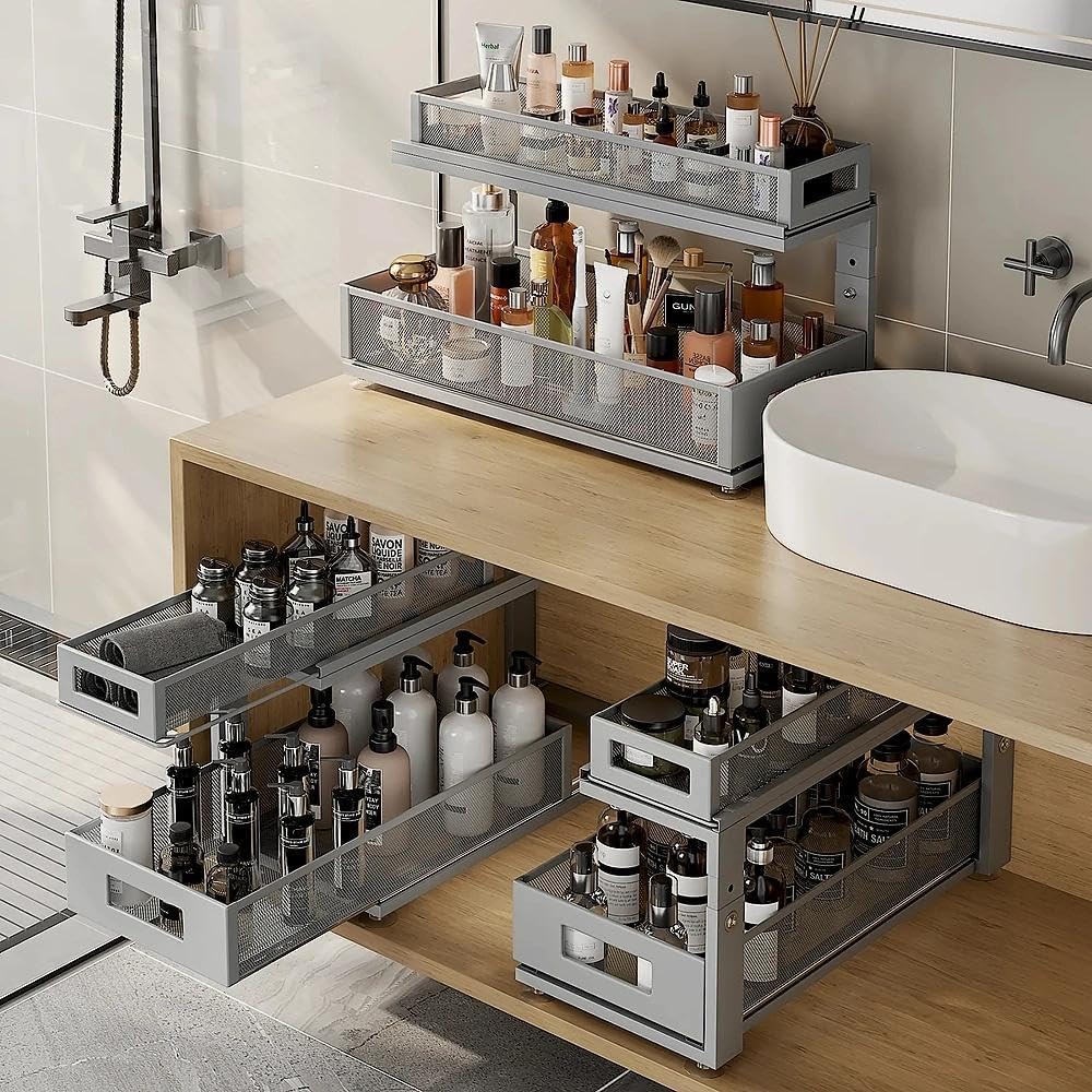 2 Pack Under Sink Organizer with Next-Gen Ball-Bearing Slides,2-Tier Pull Out Cabinet Storage,Height Adjustable Drawer Shelf for Bathroom,Kitchen,Laundry,Cabinet,Pantry(Patent Pending)