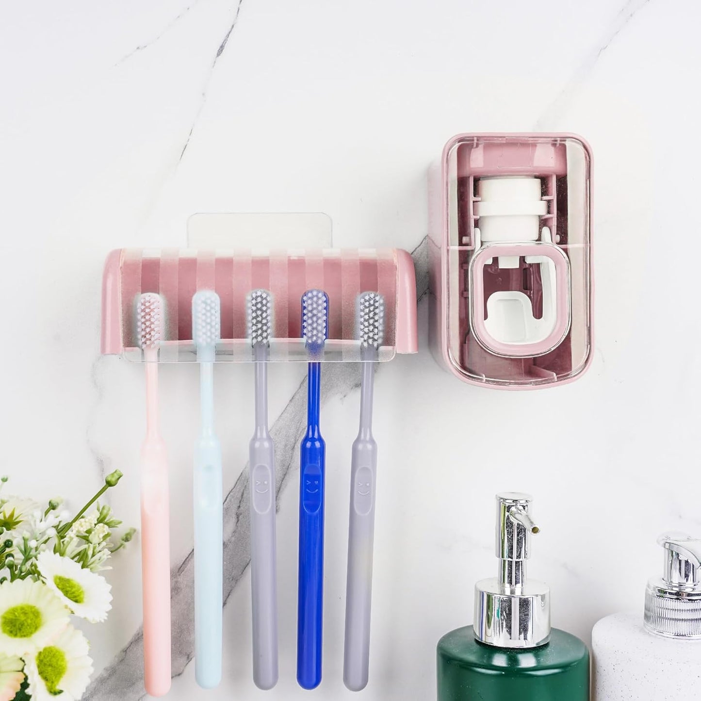 5 Slots Wall Mount Toothbrush Holder with Cover, Self Adhesive Toothbrush Storage Organizer for Shower, Toothbrush Hanger with Automatic Toothpaste Squeezer Dispenser