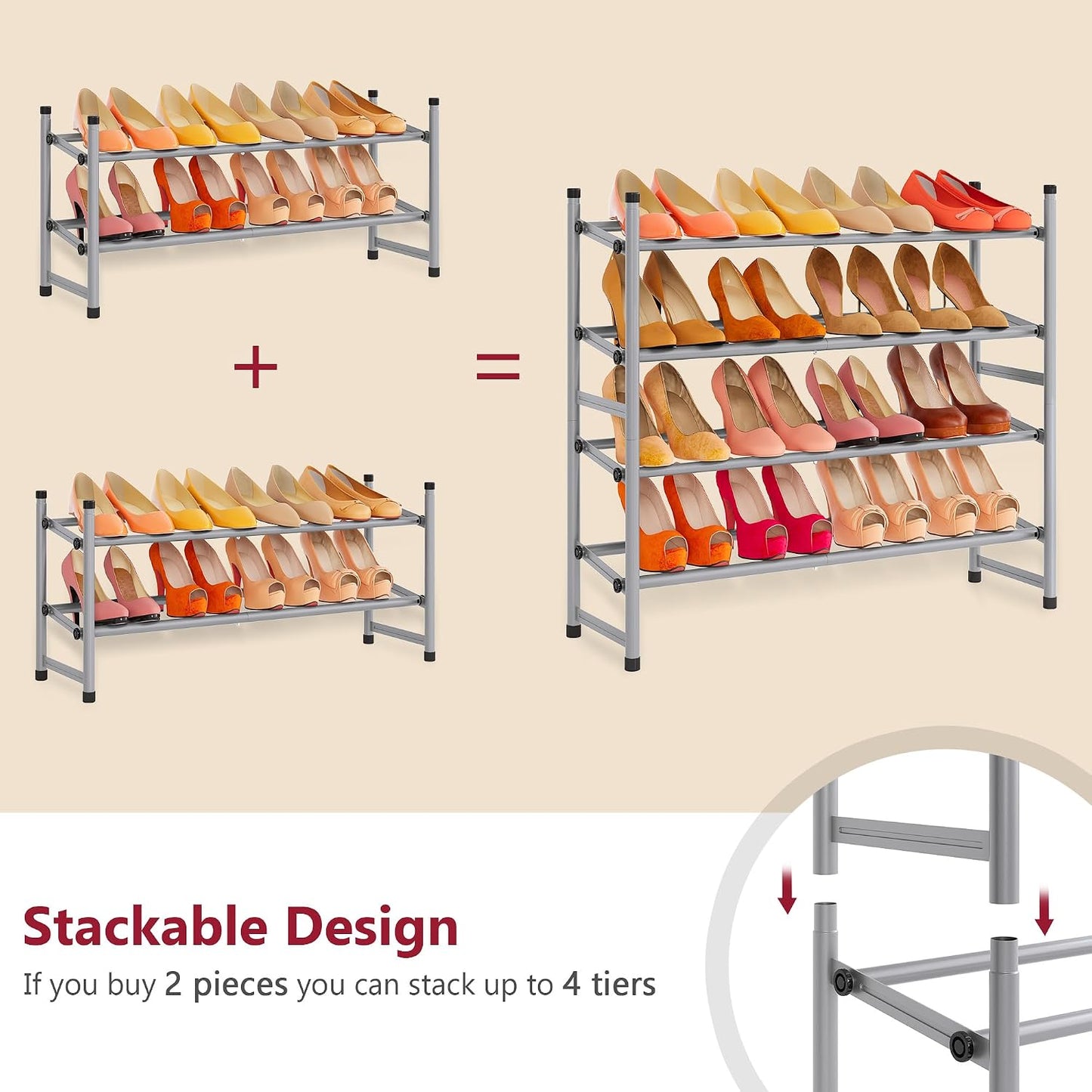 Tajsoon Expandable Shoe Rack for Closet 3 Tier, 28“-41“Adjustable & Stackable Shoe Shelf Storage, Metal Shoe Rack Organizer for Front Door Entrance, Closet, Garage, Entryway, Black