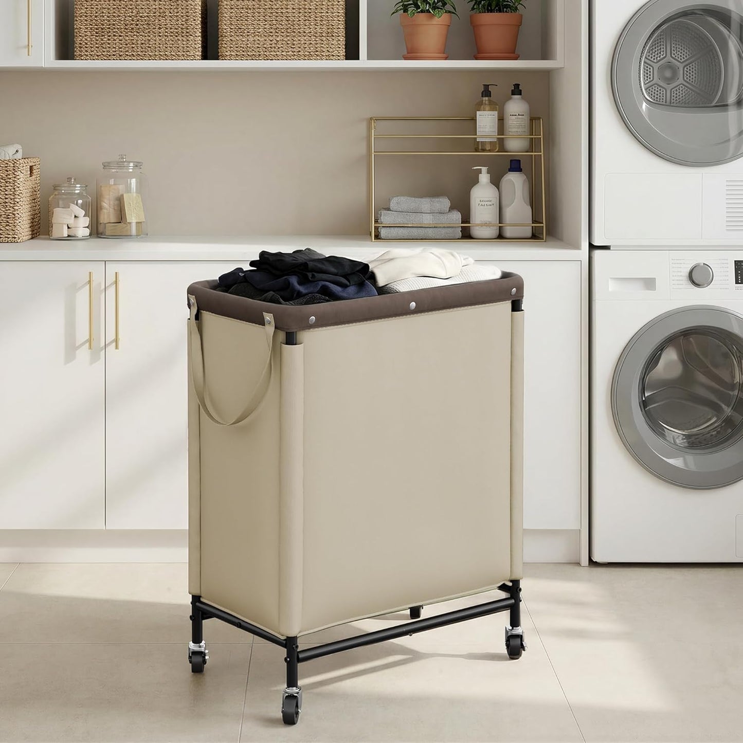 StorageWorks 3 Section Laundry Hamper, Rolling Laundry Cart with Wheels and Handles, Laundry Room Double Sorter for Organizer and Storage, 31.7 Gal(120L), Beige