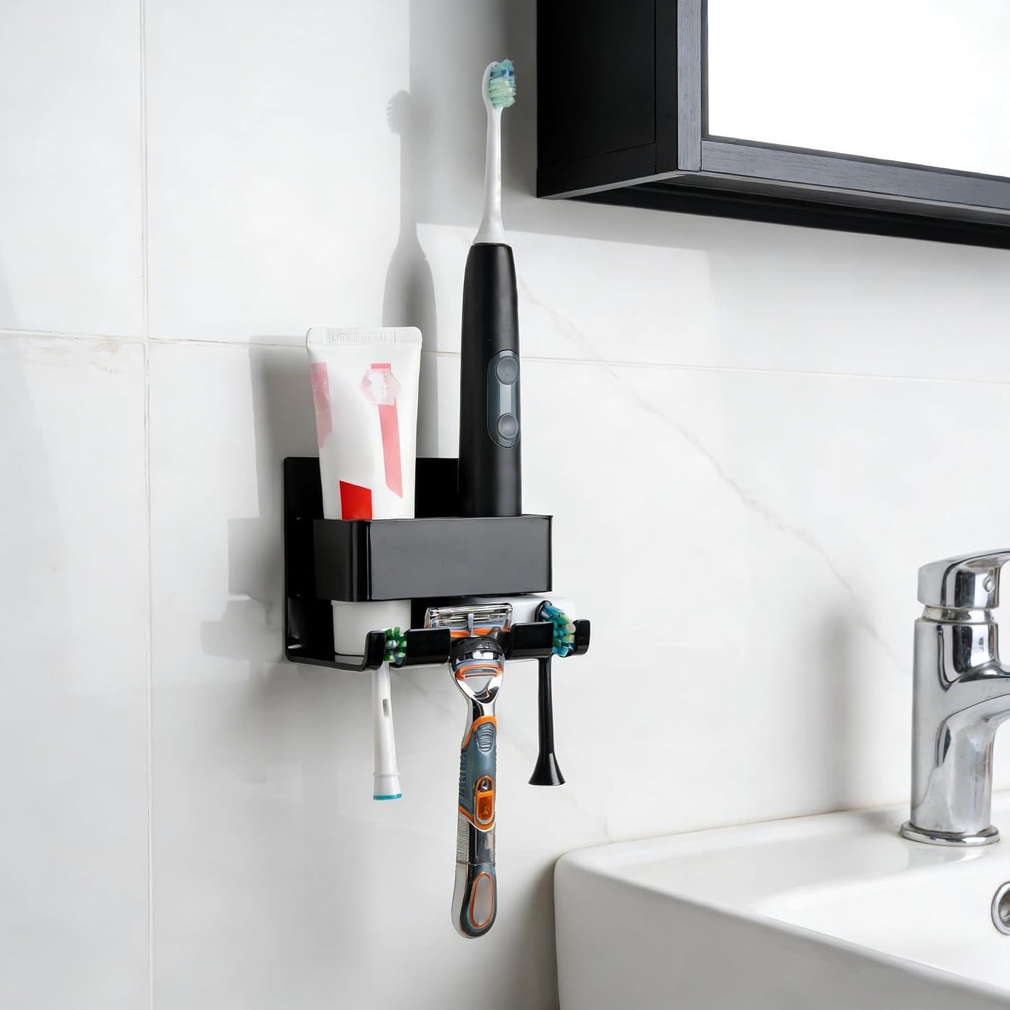 Electric Toothbrush Holder Wall Mounted, Electric Toothbrush Cord Organizer Holds 1 Chargers, Self Adhesive Electric Toothbrush Stand for Bathroom, Medicine Cabinet, Dorm(Black)