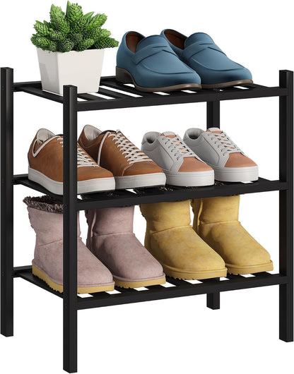 BMOSU 2-Tier Bamboo Small Shoe Rack Premium Stackable Shoe Shelf Storage Organizer for Hallway Closet Living Room Entryway Organizer (Black Bamboo)