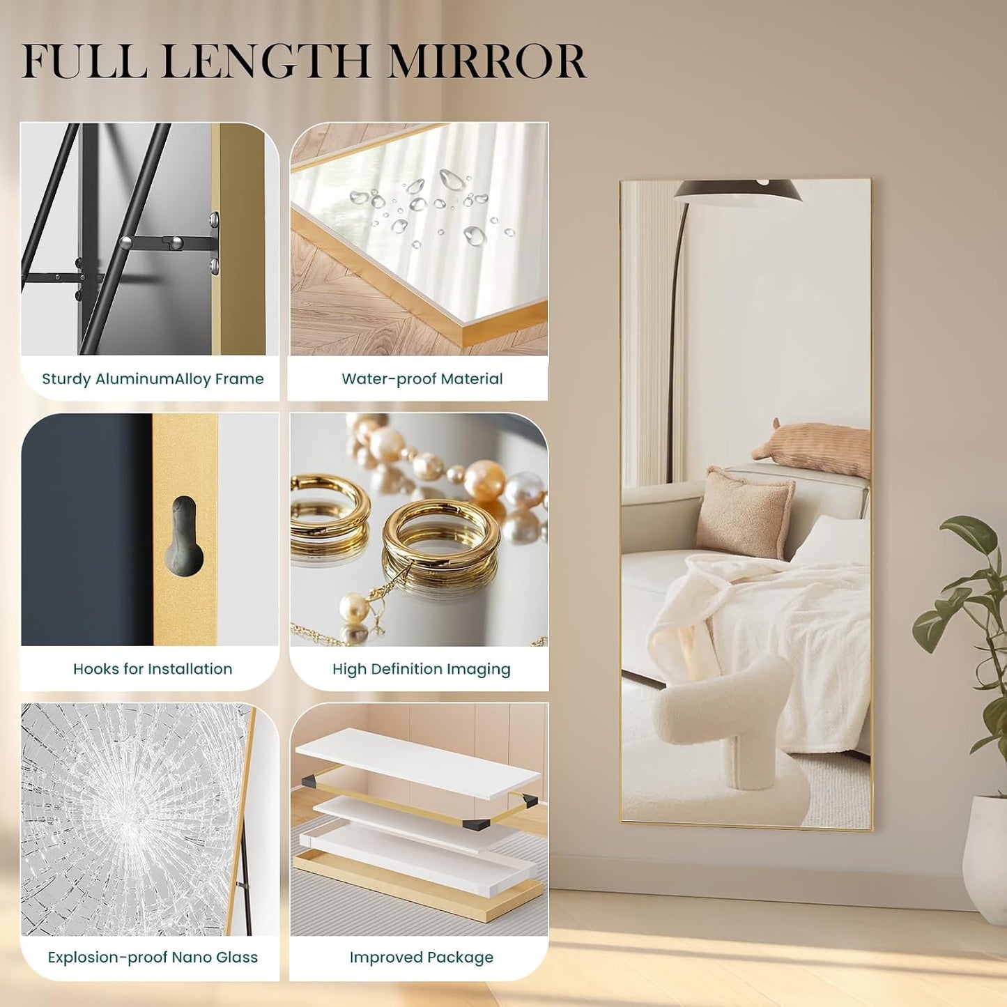 DUMOS 64"x21" Full Length Mirror, Full Body Mirror, Black | Aluminum Alloy Thin Frame, Leaning or Hanging, Suitable for Bedroom, Livingroom, Cloakroom