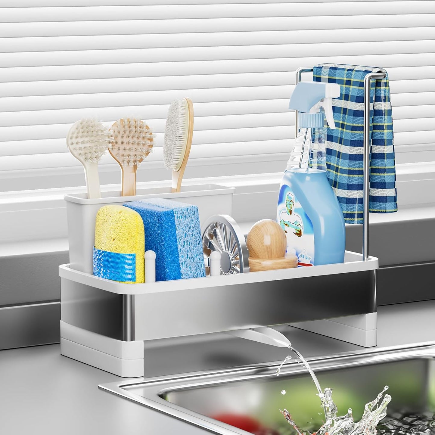 Ewaiira Stainless Steel Sink Caddy, Sponge Holder for Kitchen Sink with Brush Holder and Towel Rack, Sink Organizer for Countertop, Soap Dispenser Kitchen Organizers Storage Essentials (A-Black)