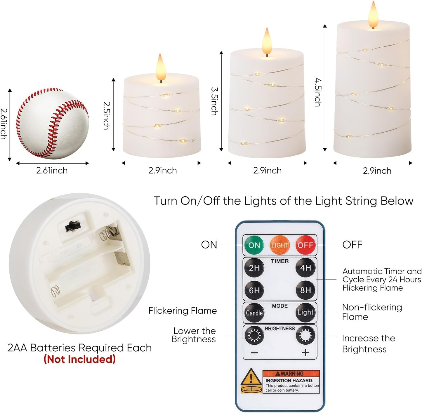 Raycare Flameless Candles with Remote Timer, Flickering Battery Operated LED Pillar Fake Candle with String Lights for Home Decor, Christmas, Wedding and Gift, White, Set of 3