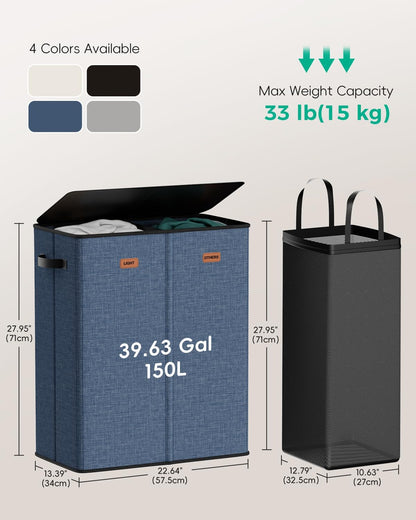 150L 2-Section Laundry Hamper with Lid – Removable Bag, Double Compartment Clothes Hamper for Bathroom, Bedroom, Dorm & Laundry Room