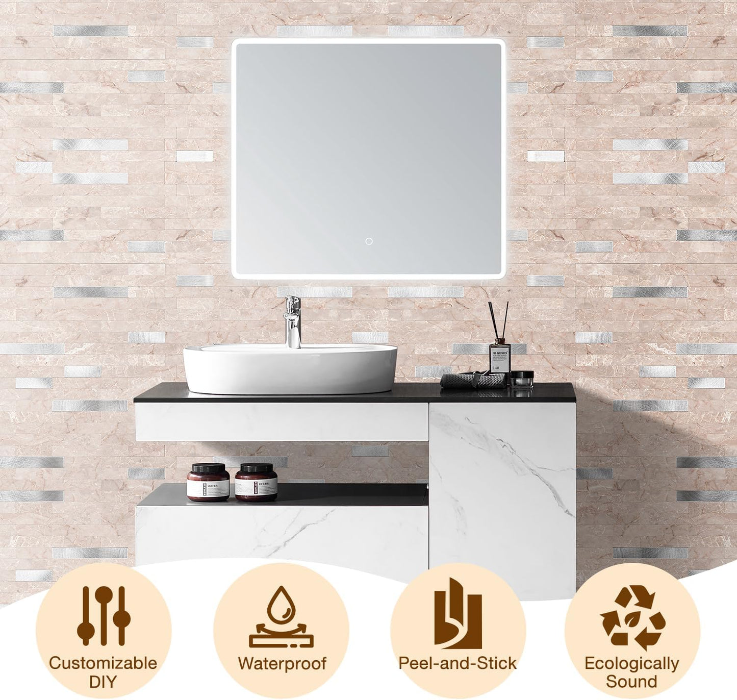 Peel and Stick Backsplash Tile Waterproof Removable PVC Wall Sticker 3D Faux Stone Marble Brick White Accent Panels (White Marble - Metal Silver, 20 Tiles - 9 sq. ft. (0.84 M²))