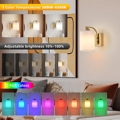 Battery Operated Wall Sconce Set of 2, Gold Rechargeable Wall Lights with Remote Control,15 Colors Wireless Wall Sconce with 3000mAh Dimmable Detachable Bulb for Bedroom, Living Room and Hallway